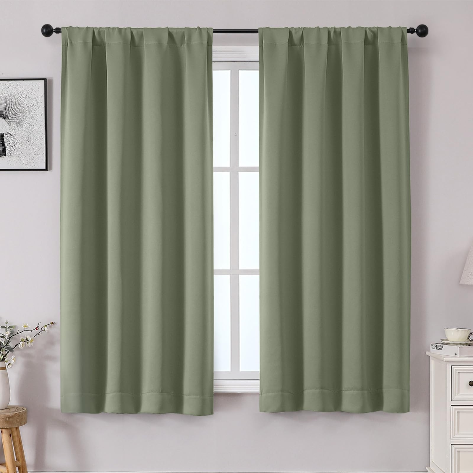 OWENIE Sally Sage Green Blackout Curtains for Bedroom 63 Inch Length 2 Panels