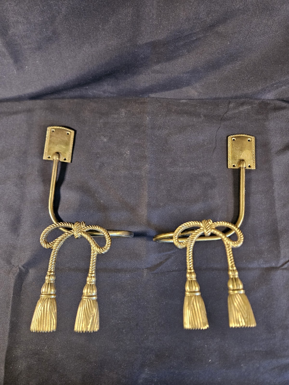 Vintage Brass Curtain Tiebacks Ribbon Bow Tassel Set of 2 Hollywood Regency