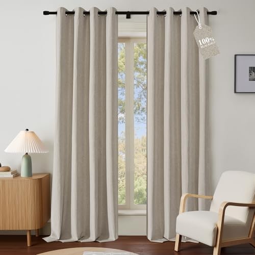 100% Blackout Linen Curtains 96 inches Long, 52″W x 96″L (Pack of 2) Natural