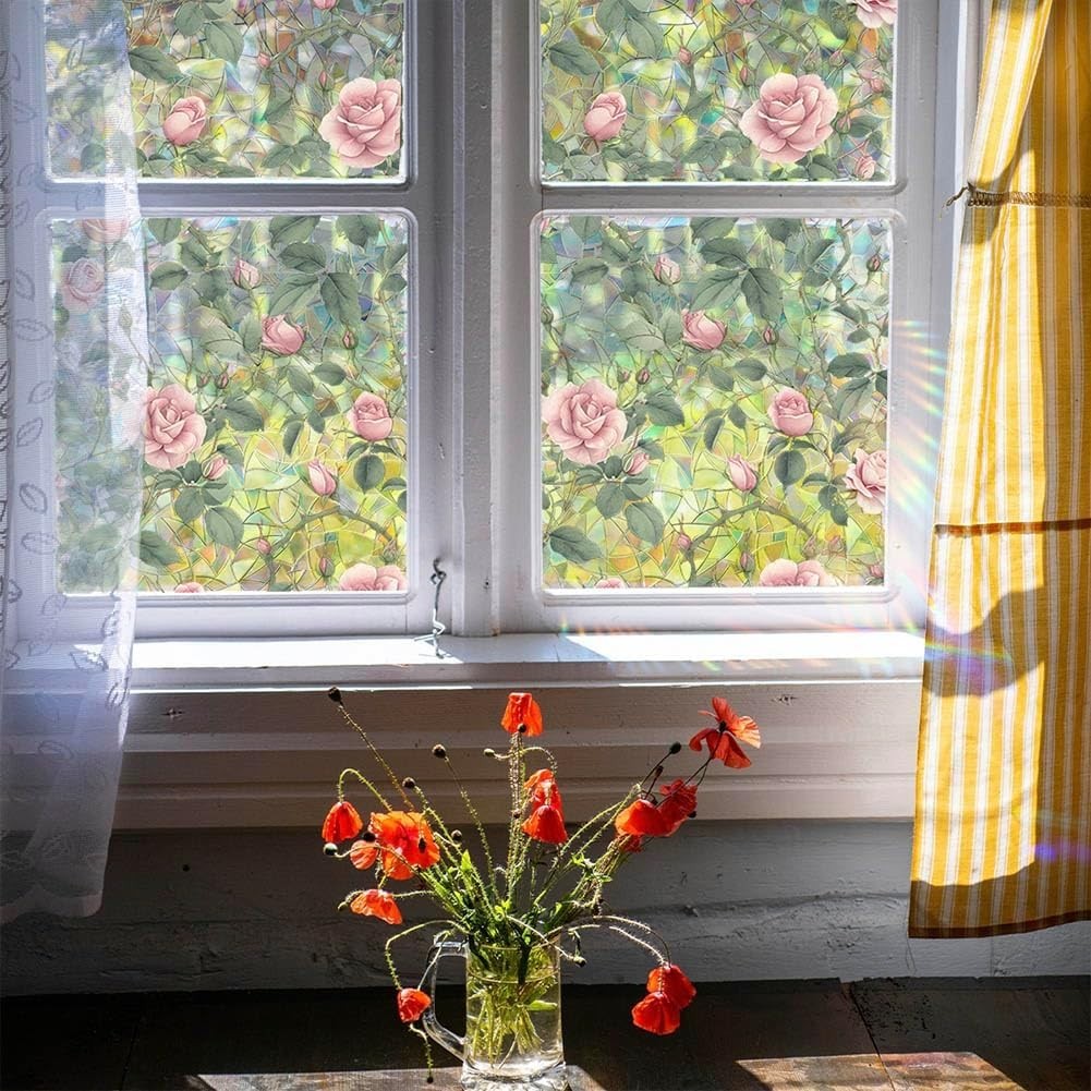 Retro Pink Rose Flowers Window Privacy Film,3D Stained Glass Rose Rainbow Win…