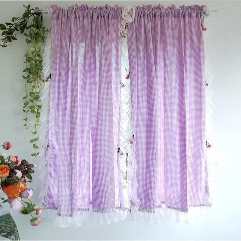 1 Panel Lace Checked Curtains Balcony Short Curtain Rod Pocket Light Filtering