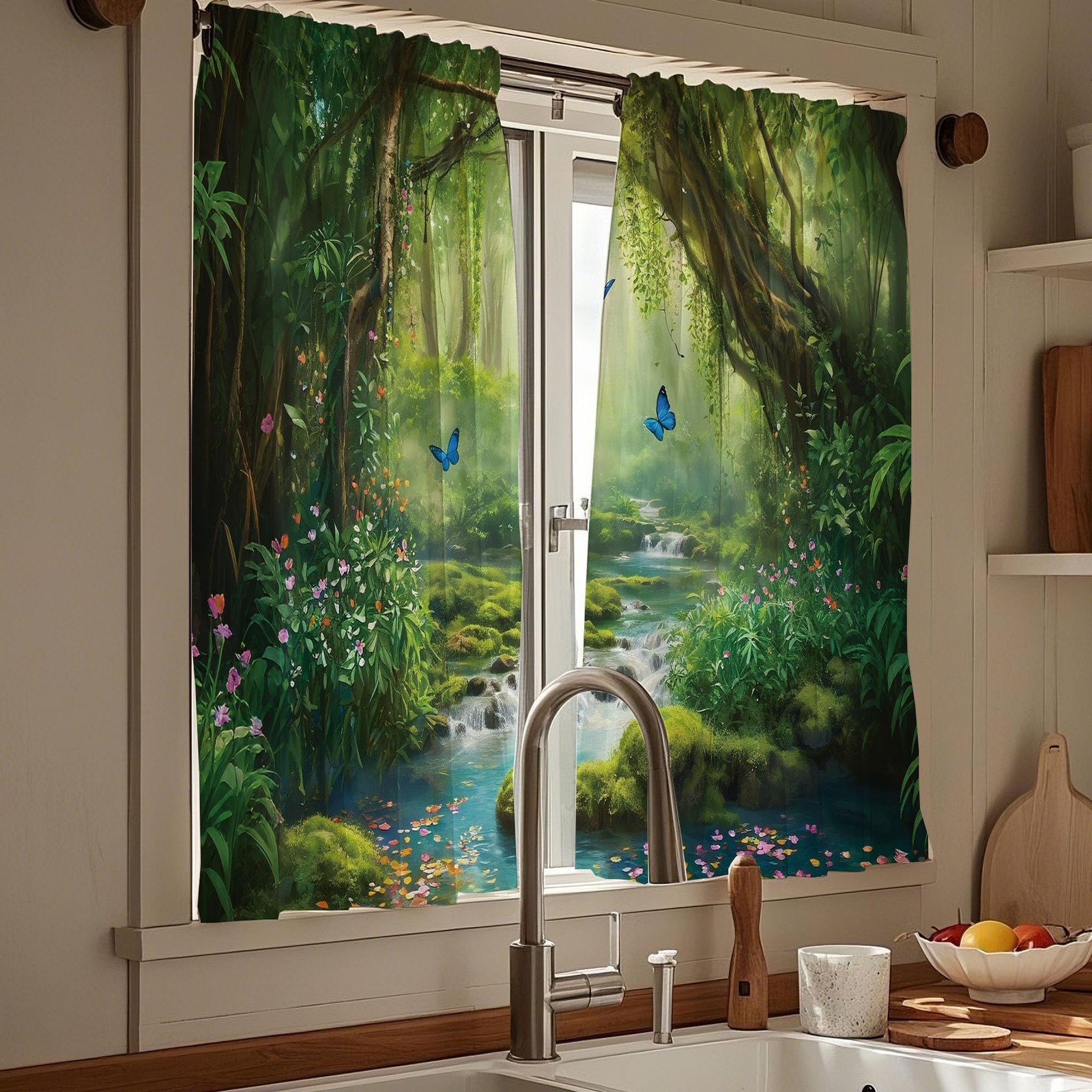 Green Forest Kitchen Curtains 36 inches Long Fairy Enchanted Landscape Jungle…