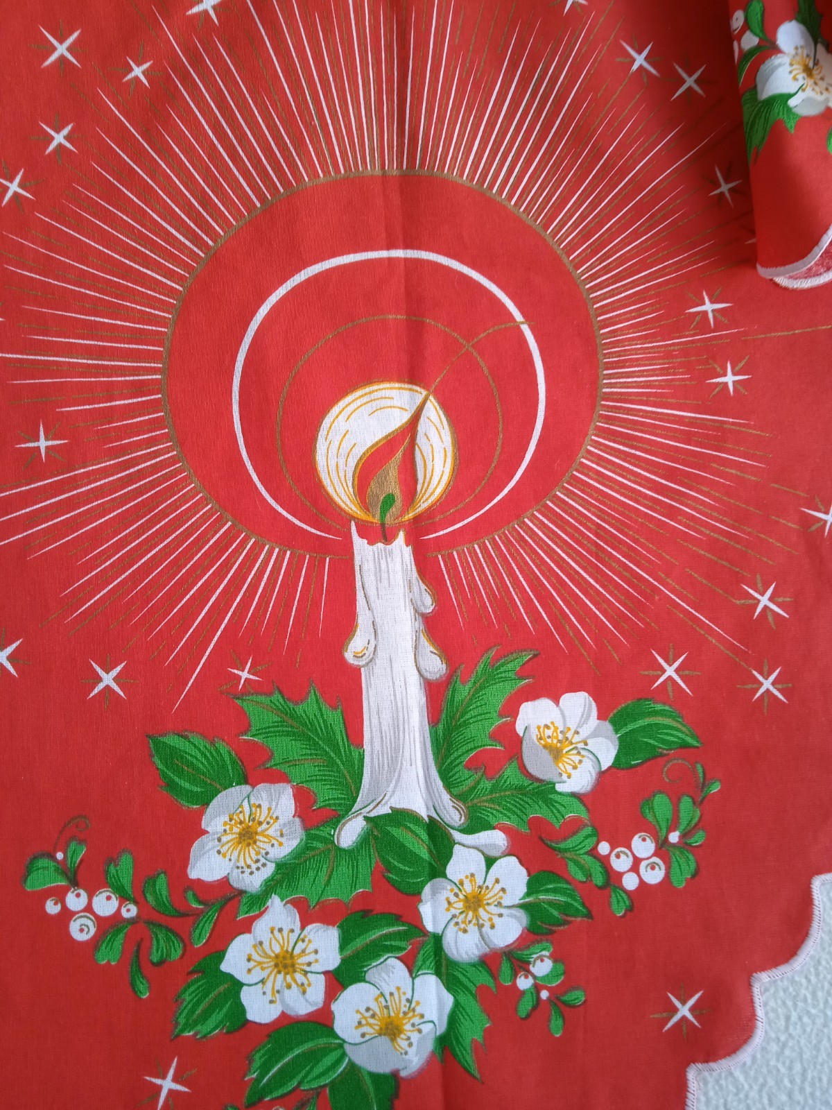 Vintage Christmas Red Cotton Valance with Candle & Flower Pattern Made in Brazil