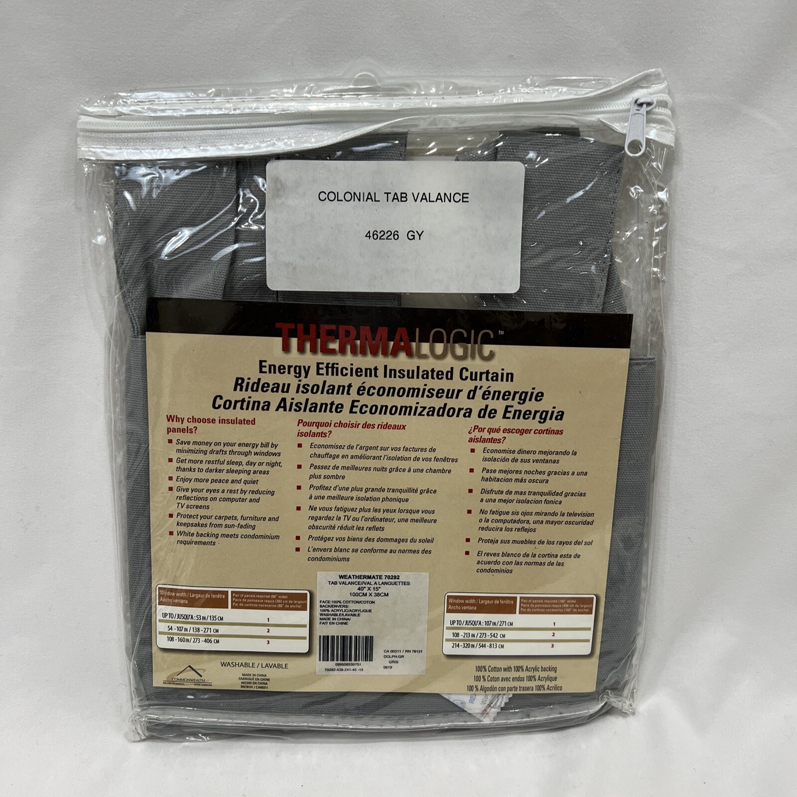 Plow & Hearth Window Valance 15″L x 40″W Thermalogic Colonial Tab-Top Gray