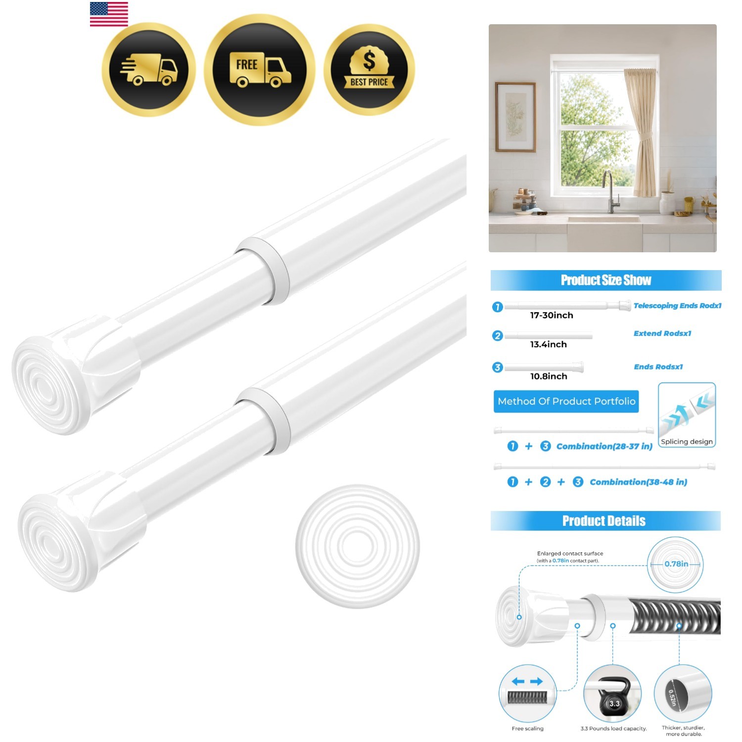 2 Pack Tension Rods 28-48 Inches, Adjustable, No Drill No Slip Spring Tension…