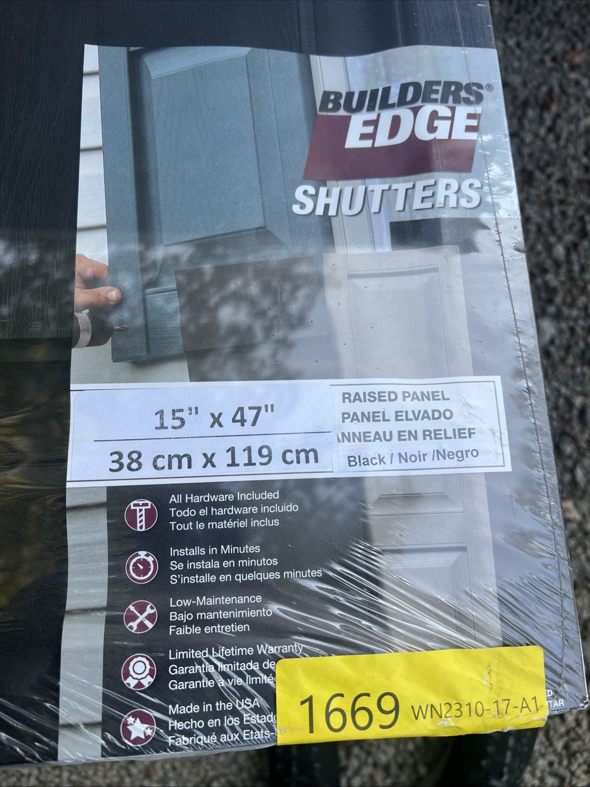 Builders Edge Raised Panel Vinyl Shutter 15″ x 47”- Black – New in Plastic