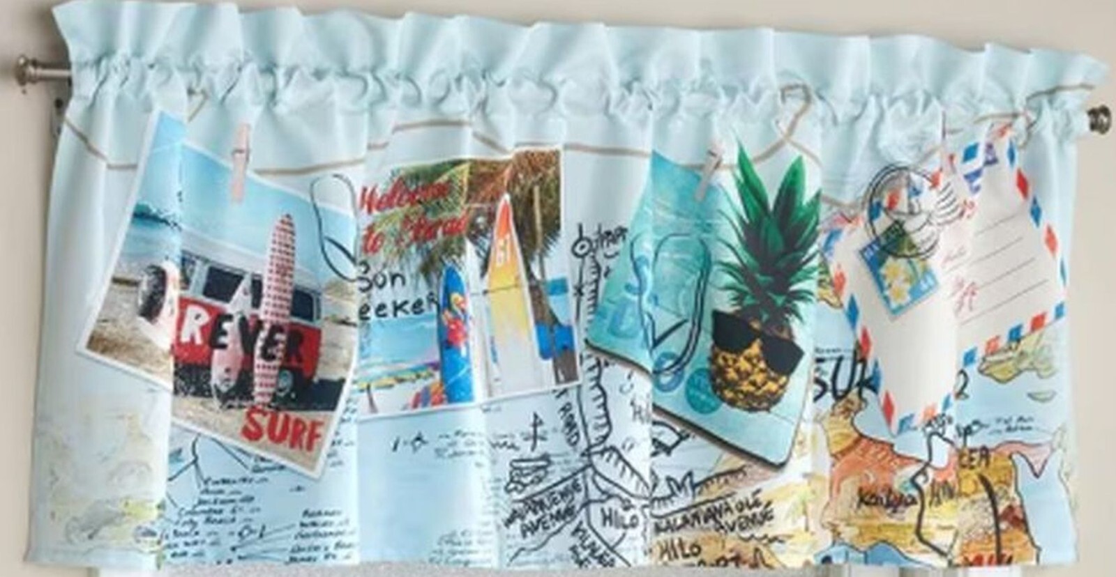 1 Fabric Printed Valance (18″x60″)(no tiers) HUNTINGTON BEACH POSTCARDS, LK