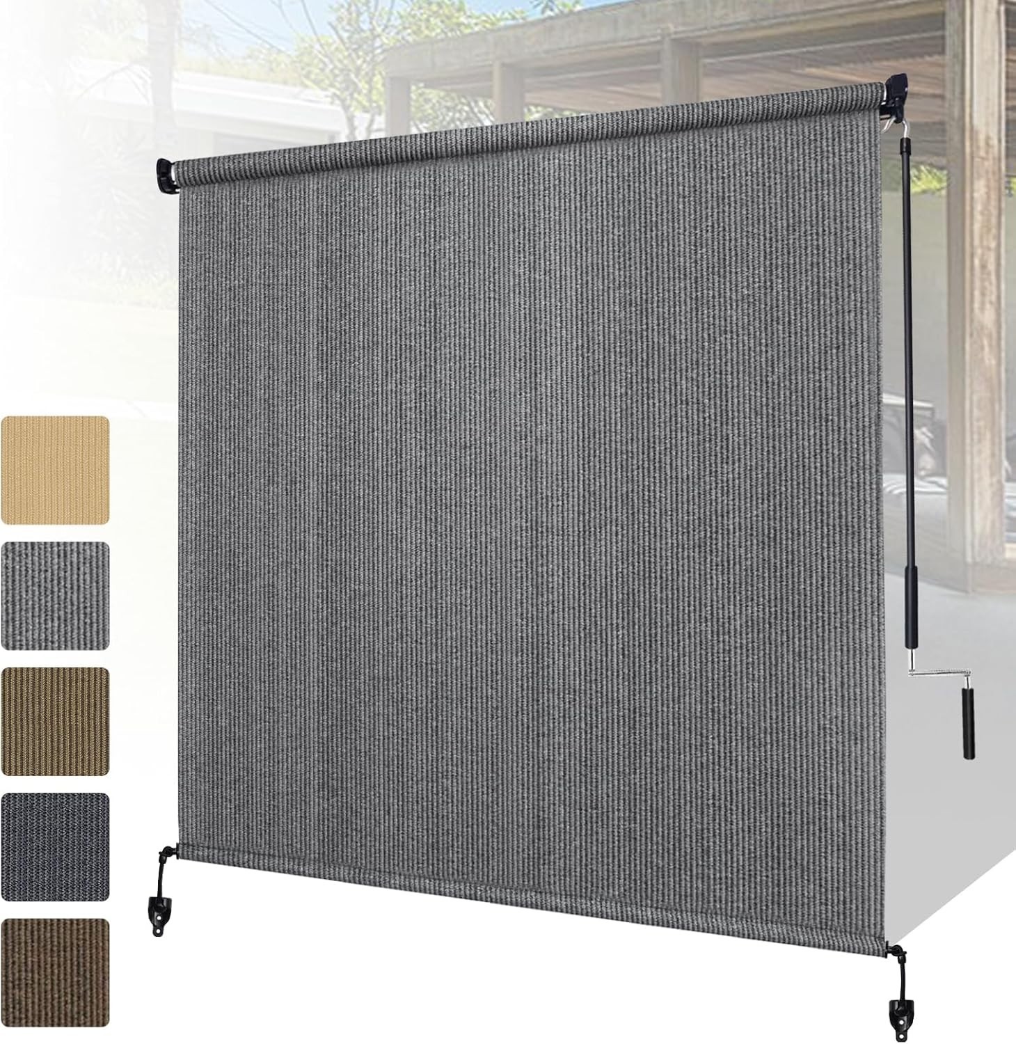 Versatile Gray Outdoor Roller Shades, 8′ W x 8′ H Cordless for Decks & Balconies