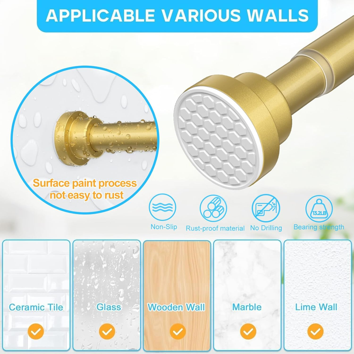 1 Pack Gold Spring Tension Curtain Rod 28-48 Inches, 7/8″ inch Adjustable Cur…
