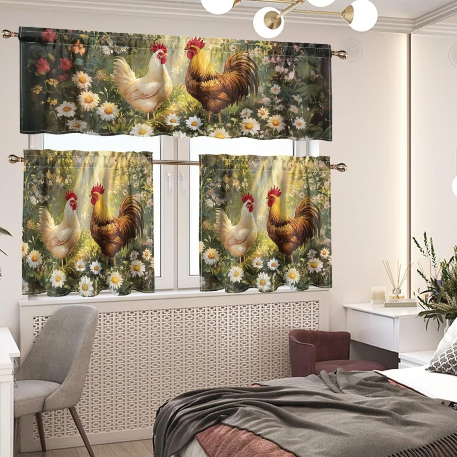 Roosters 3-Piece Kitchen Curtains & Valances Set, Tier Curtains, 24 Inch Length,