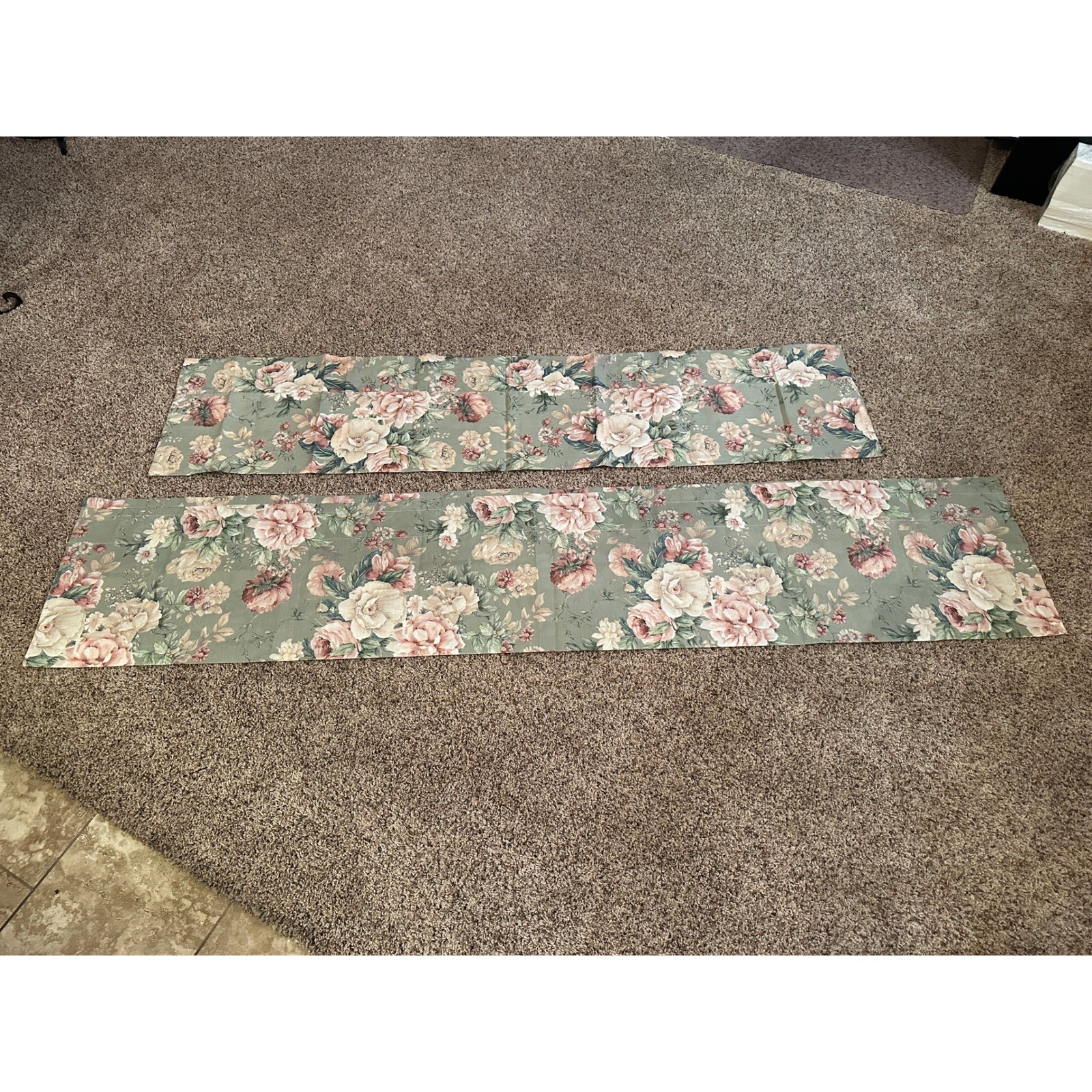 VTG Floral Cabbage Rose Window Valance Set Sage Green Pink 2 Pieces 17X67, 15X70