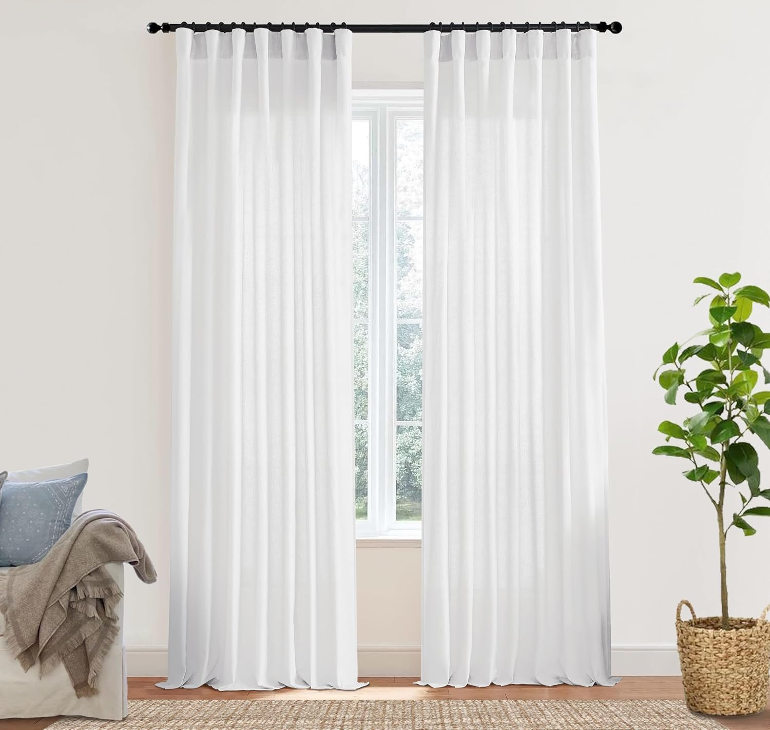 105 Inch Curtains 2 Panels Set Custom Length Back Tab Linen Window Sheer Curtain