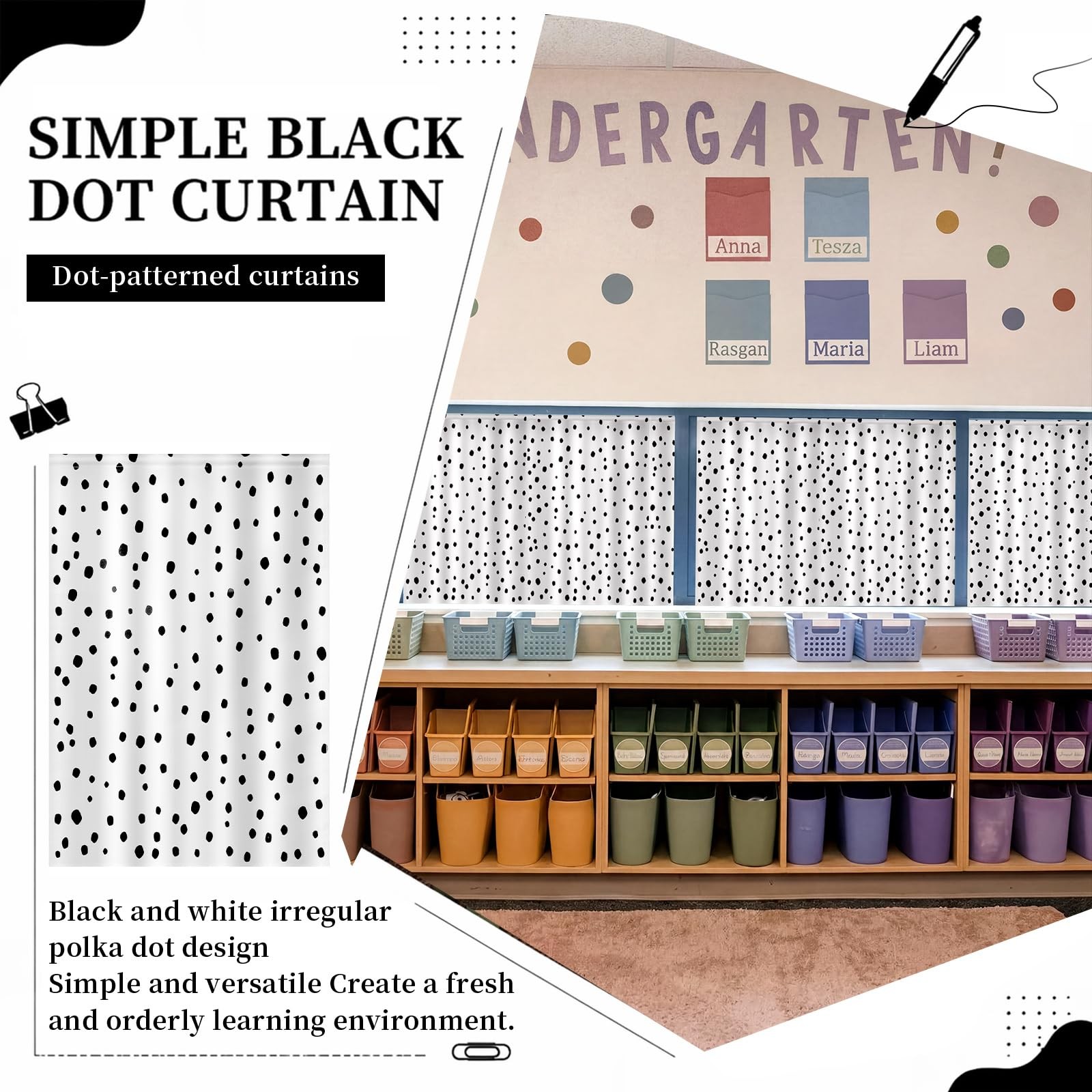 6 Pcs Black Polka Dot Classroom Curtains Reading Corner Decor Back to Reading…
