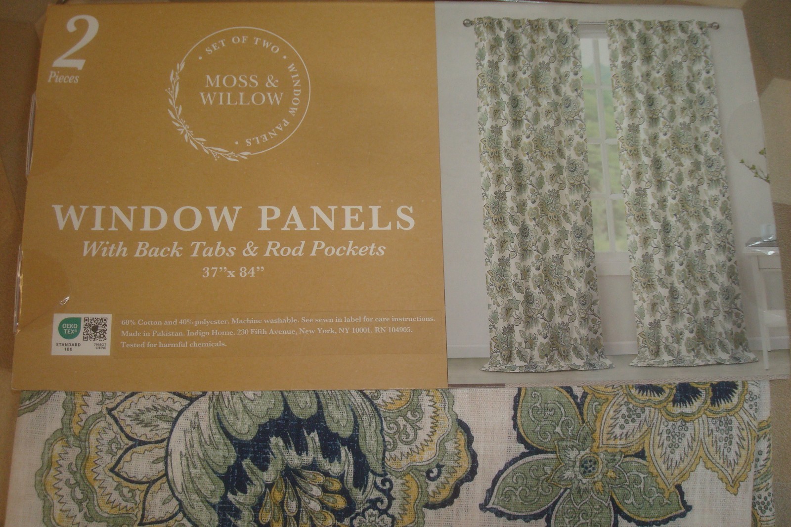 NWT Moss & Willow 2 pc Curtain Panels Floral Cotton blend Blue Green 84″ lg