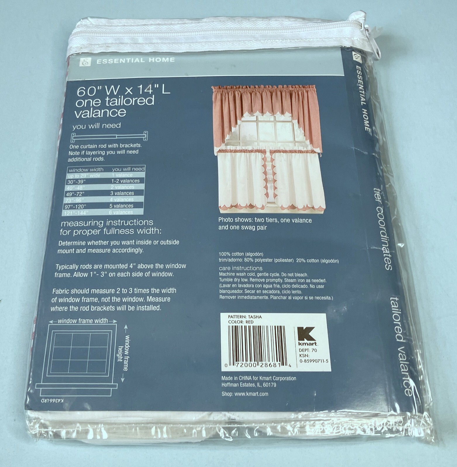 Kmart Essential Home Tasha Red Valance 60×14 NIP Checkered Scalloped Edge