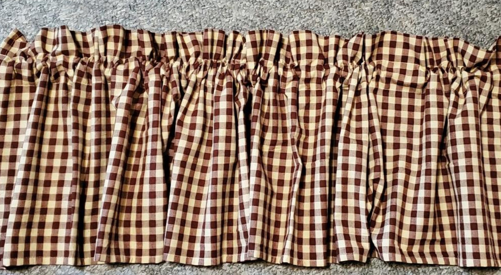 Rustic Country Primitive Small Burgundy & Tan Check Homespun Valance 72″x14″