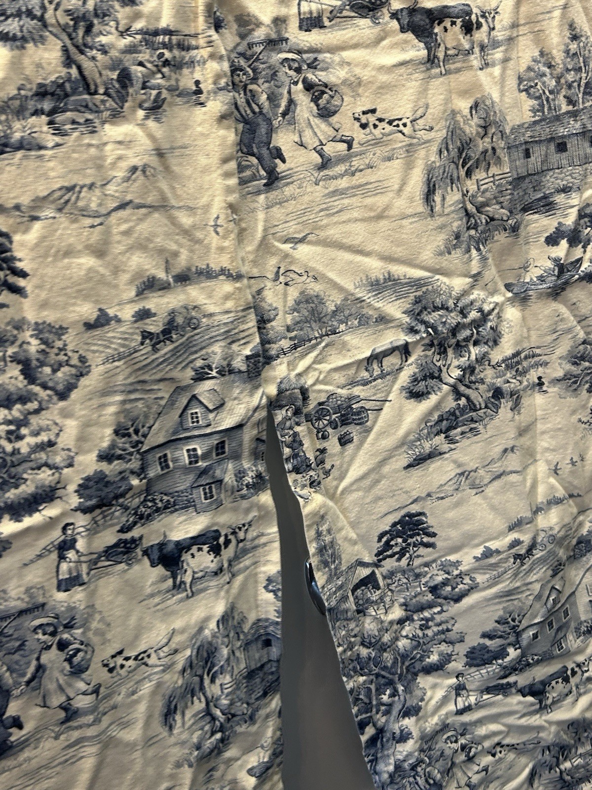 Blue White Farm Toile Fabric Curtains 2 Panels Farm house Country 49″ x 20″ L8