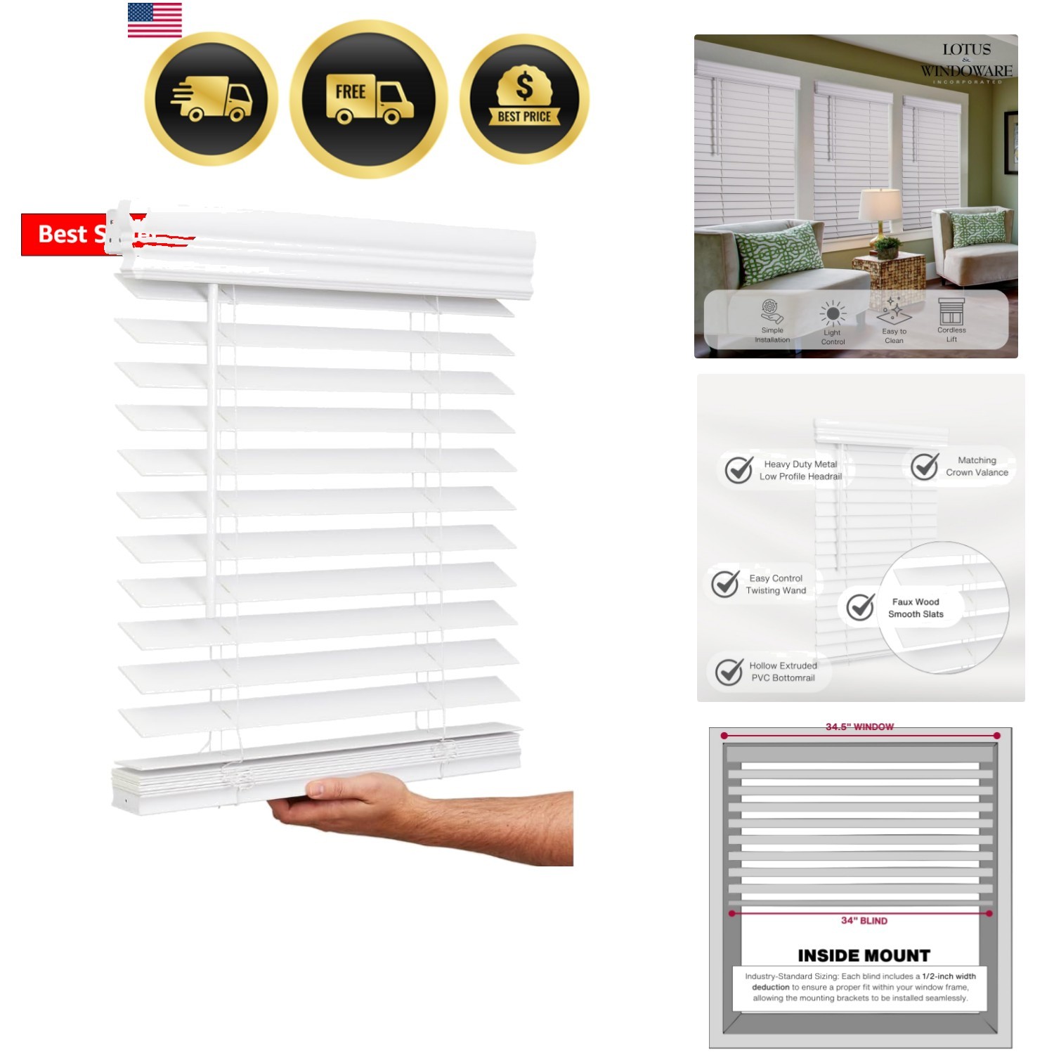 Cordless, 2 Inch Faux Wood Blind, 34.5″ Wide x 60″ Long, Window Blinds, Blind…