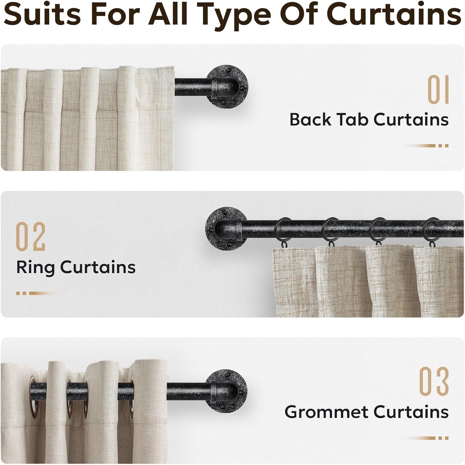 1 Inch Vintage Black Curtain Rod, 66″-120″ Industrial Design