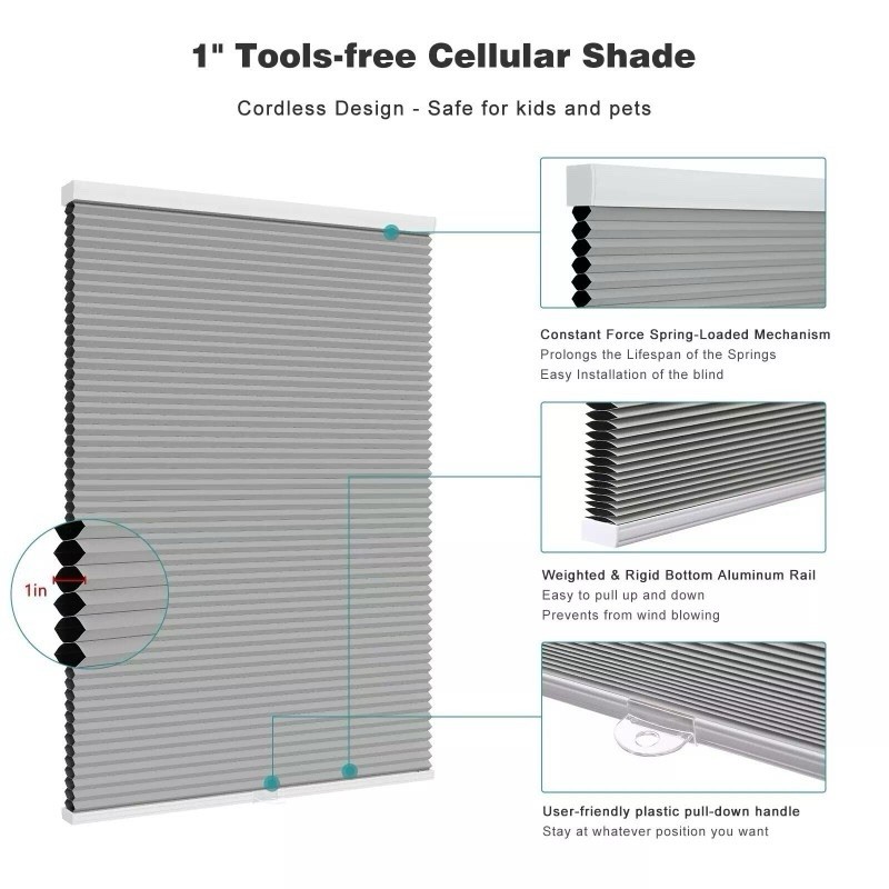 Changshade Blackout Cordless 34”x72” Honeycomb Cellular Shades Grey
