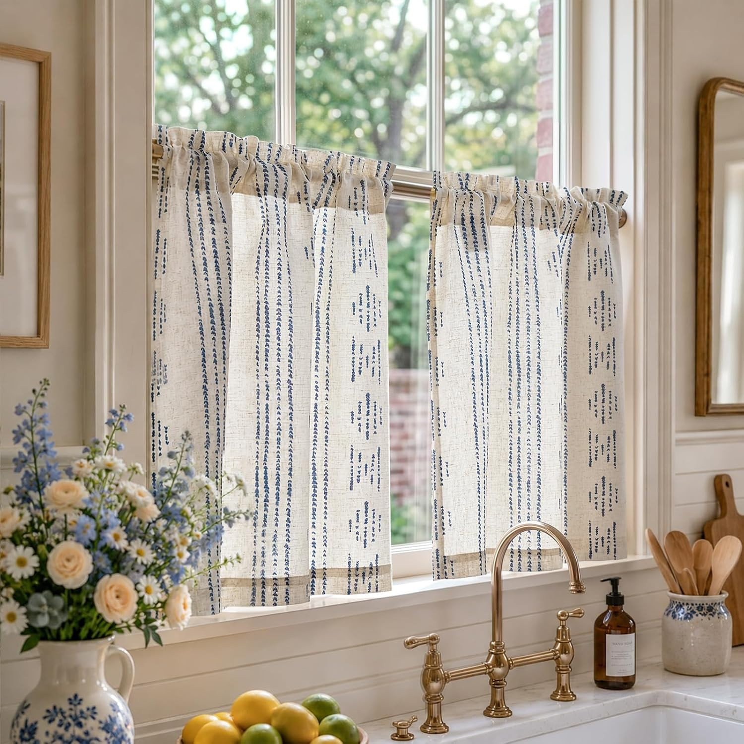 Jinchan Boho Kitchen Curtains Linen Tier Curtains 36 Inches Bohemian Cafe Small