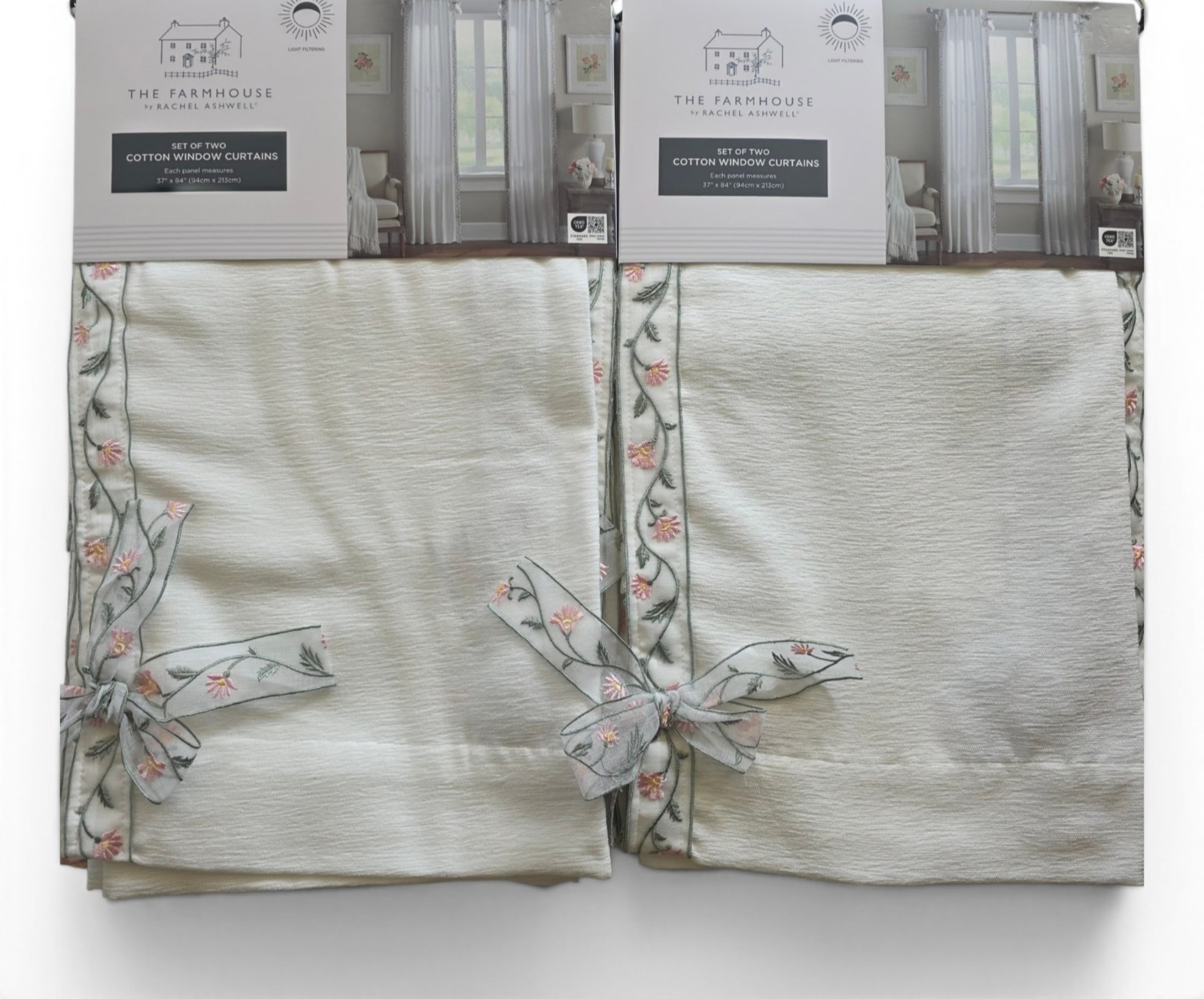 NEW Rachel Ashwell Farmhouse Bow Embroidered Curtains Set of 4 Ivory 37×84