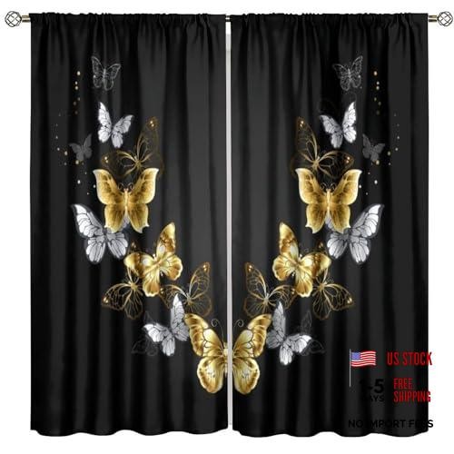 Black Gold Fantasy Butterfly Curtains 42″W x 45″L – Set of 1