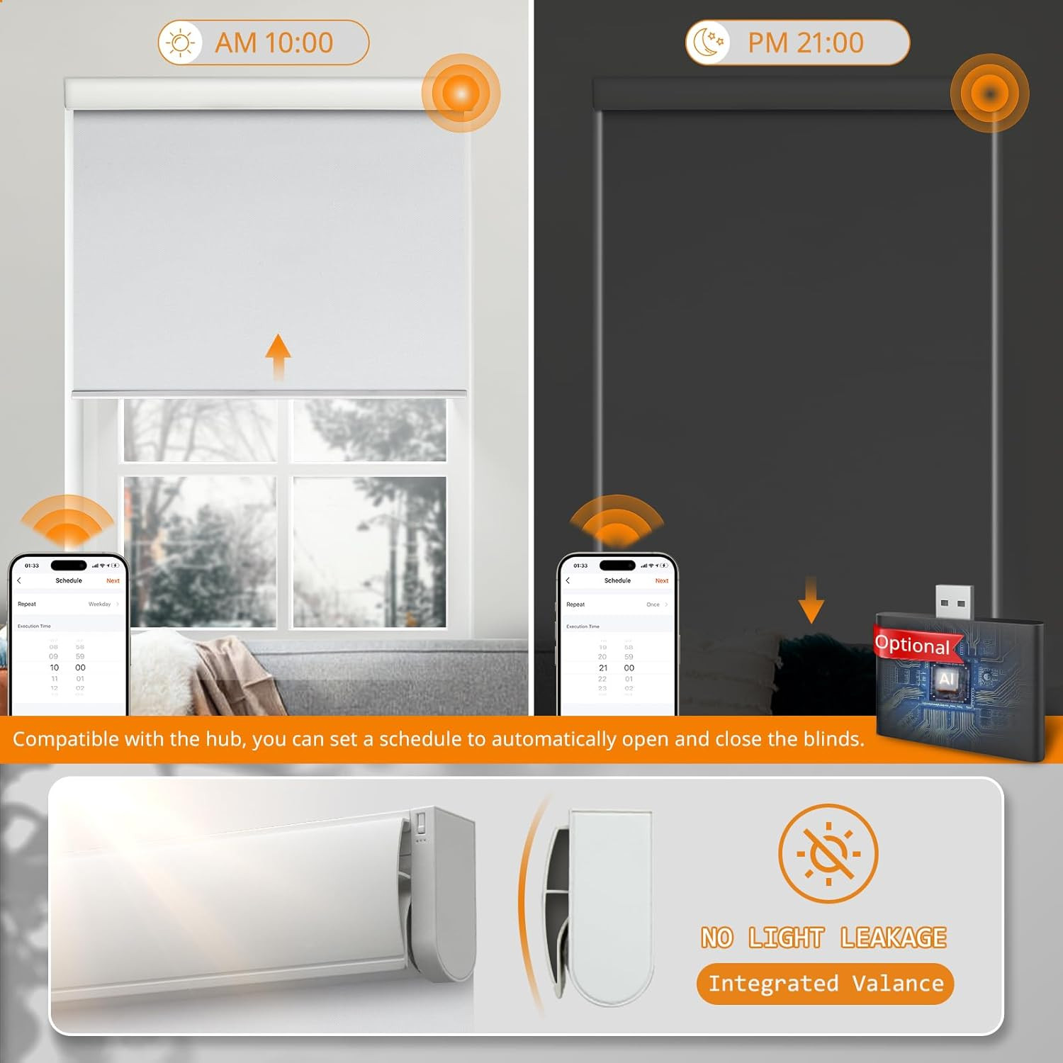 Remote-Controlled Cordless Blackout Smart Blinds, 46″ W x 72″ H, White