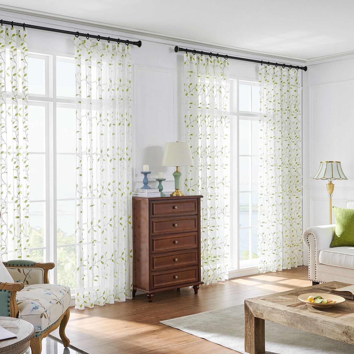 2 Panels Embroidered Leaves Semi Sheer Voile Window Curtains Drapes Living Room