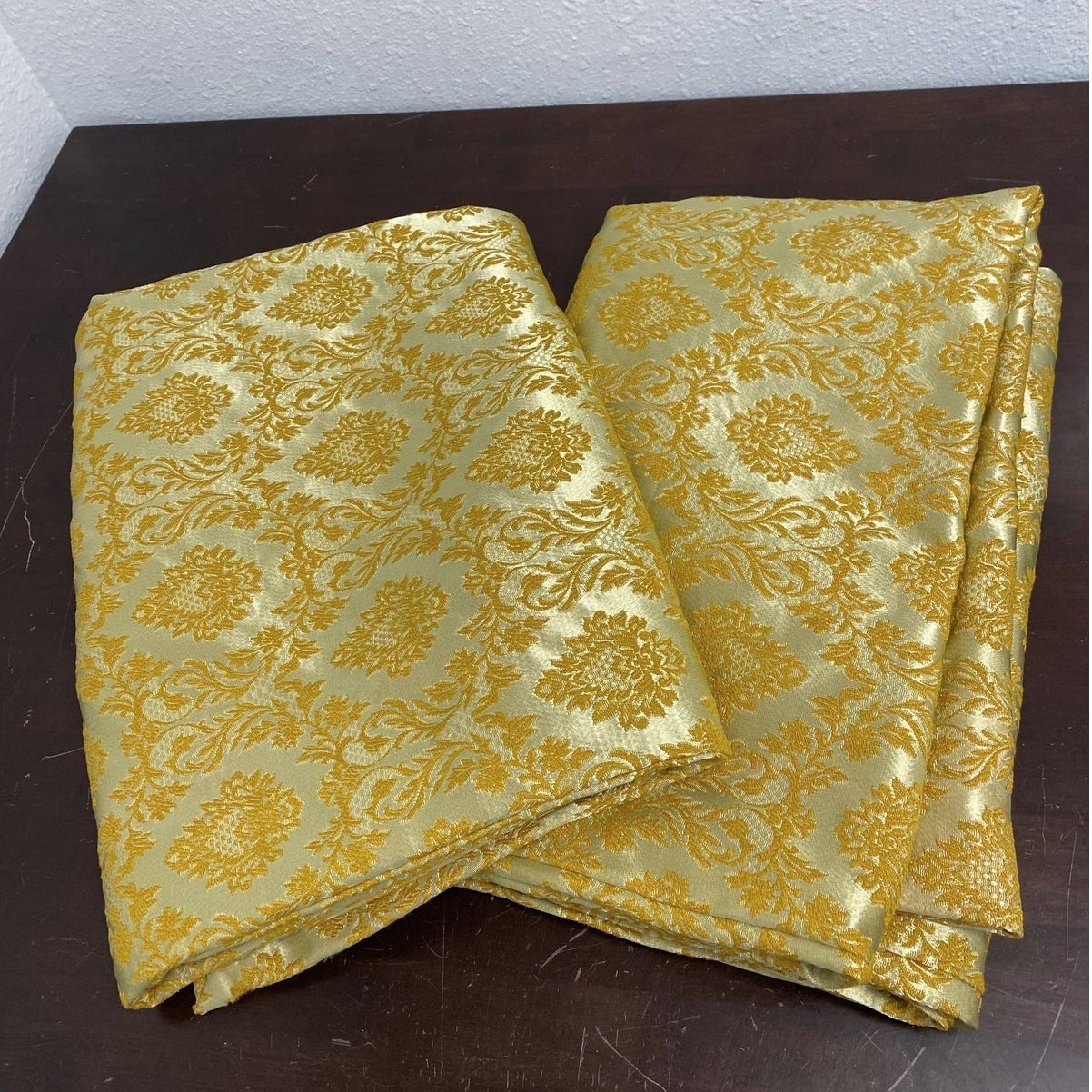 Vintage MCM Gold Damask Pinch Pleat Curtains 2 Panels 81×80 Mid Century Modern