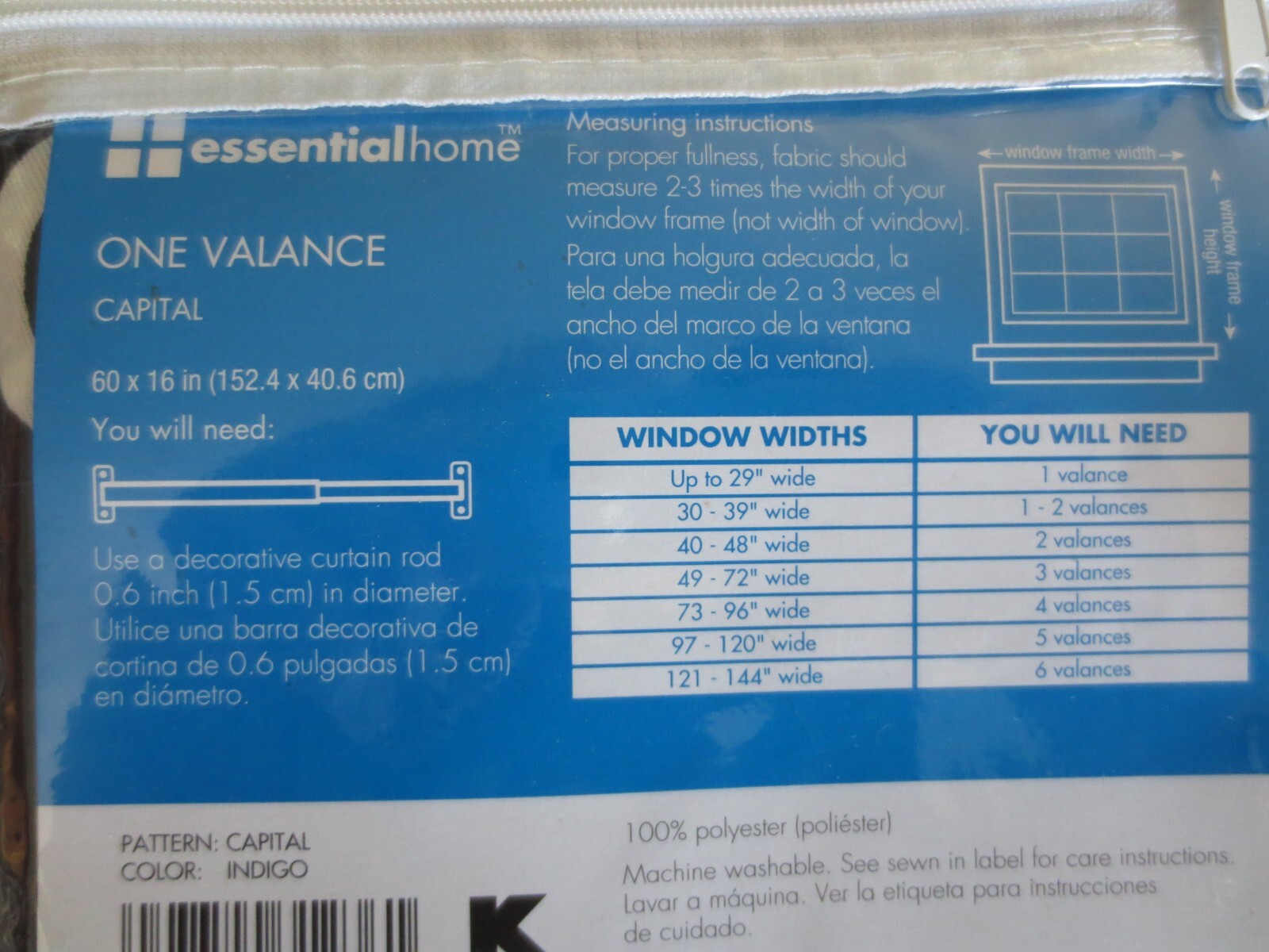 2 NIP Essential Home CAPITAL INDIGO 100% Polyester VALANCES – 60″ W x 16″ L