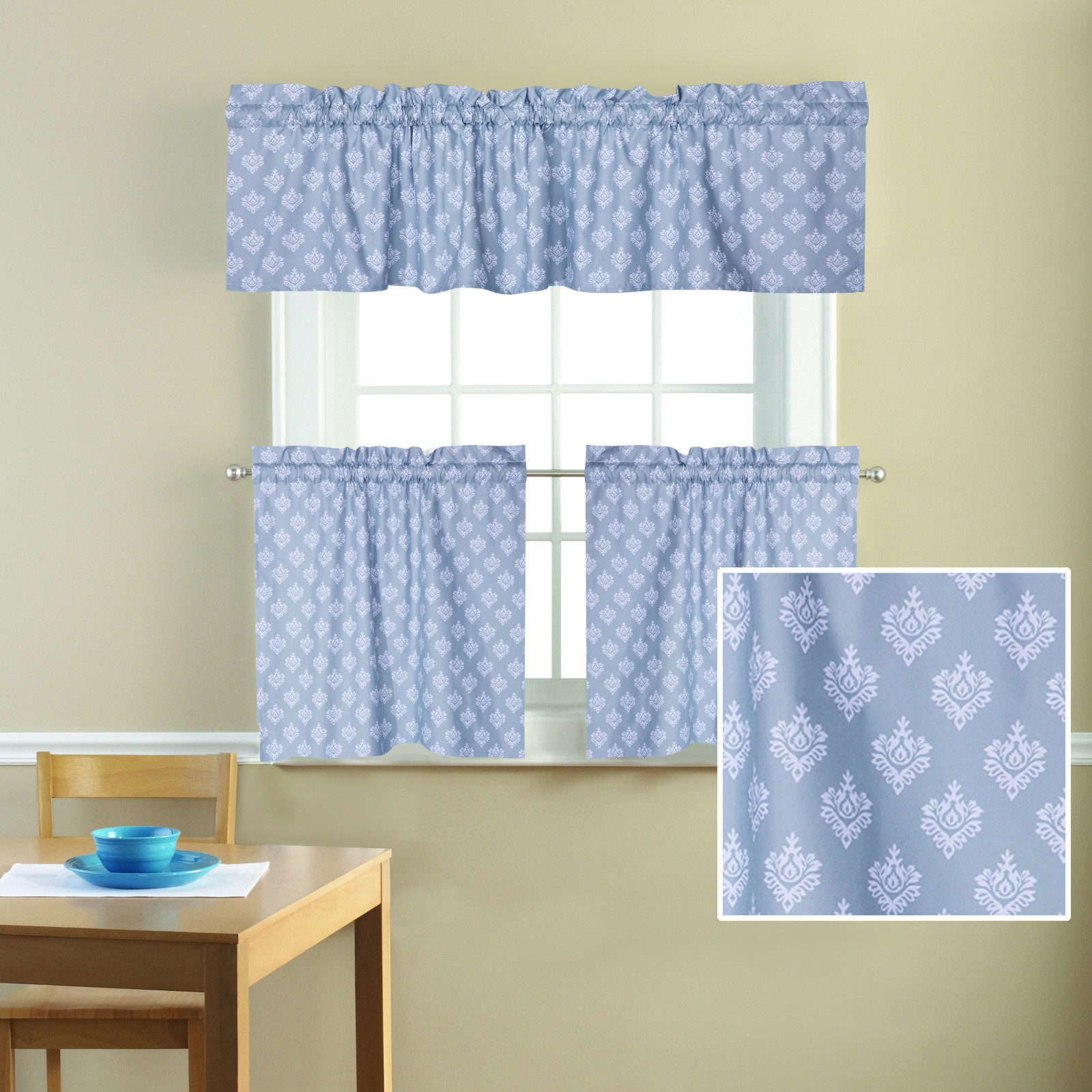 Damask Gray Silver/White Sophisticate 3 Piece Window Valance and Tier Set – NEW