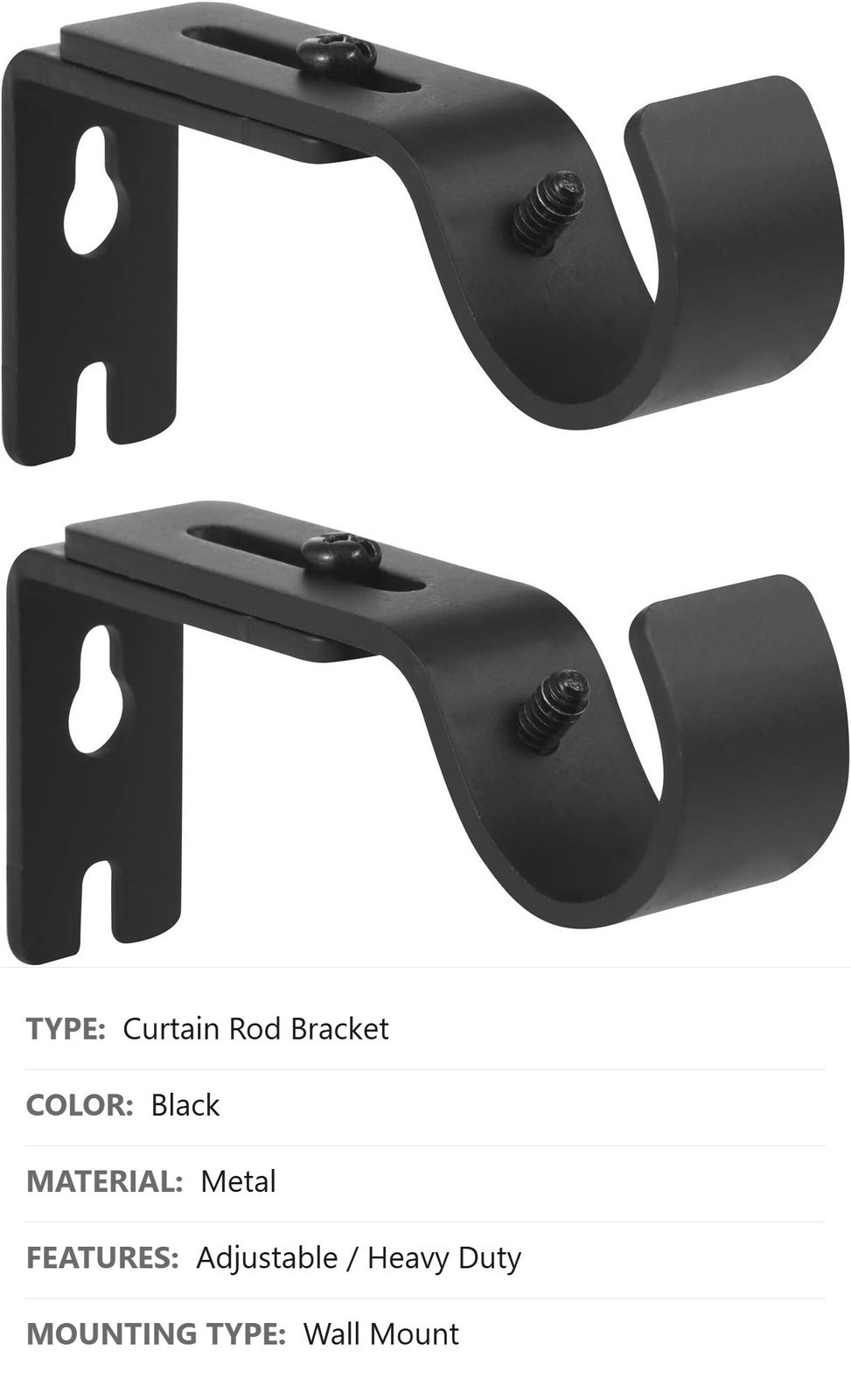 Curtain Rod Brackets, 2 Pack, 1 Inch, Black, Adjustable, Heavy Duty