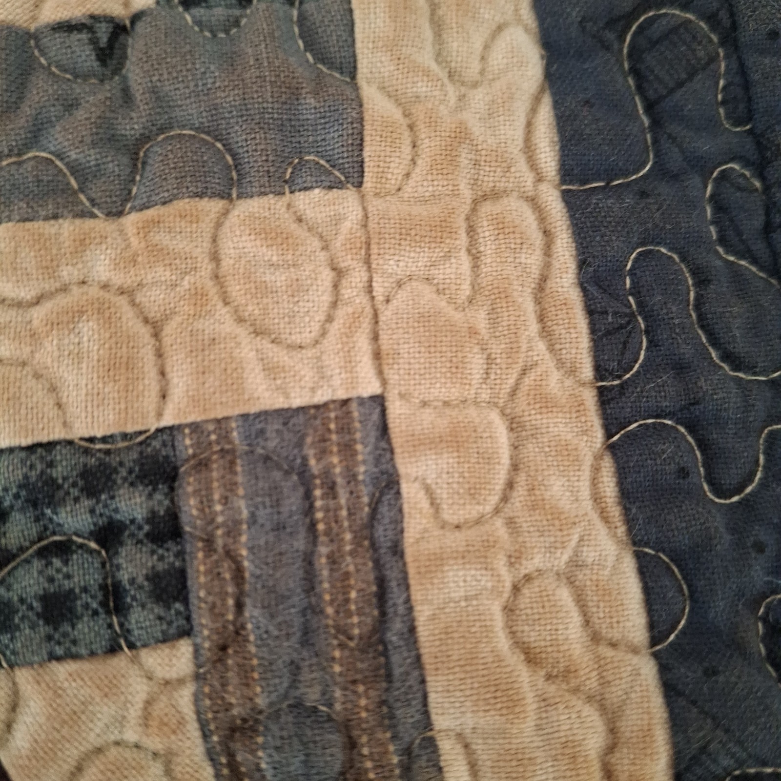 Handmade Quilted wall hanging Table Runner cottagecore navy Tan 19×8″ Patchwork