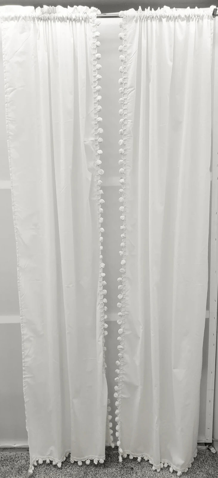 Vintage Classic Ball Fringe Panel Pairs, Tier Pairs, Valances and Tiebacks WHITE