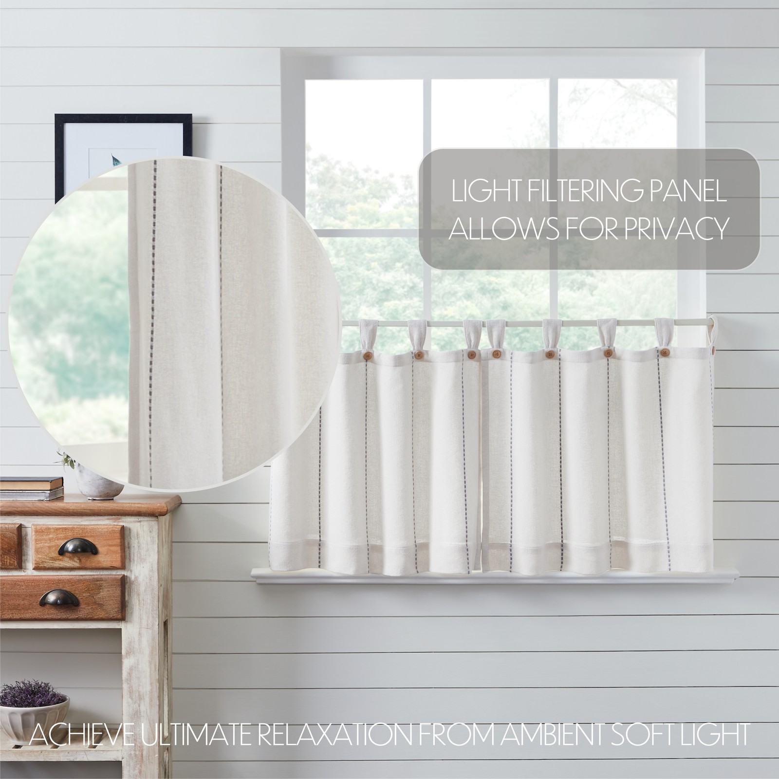 Stitched Burlap Soft White Set (1 Valance 16×72 ; 2 Tier 24×36) VHC Brands