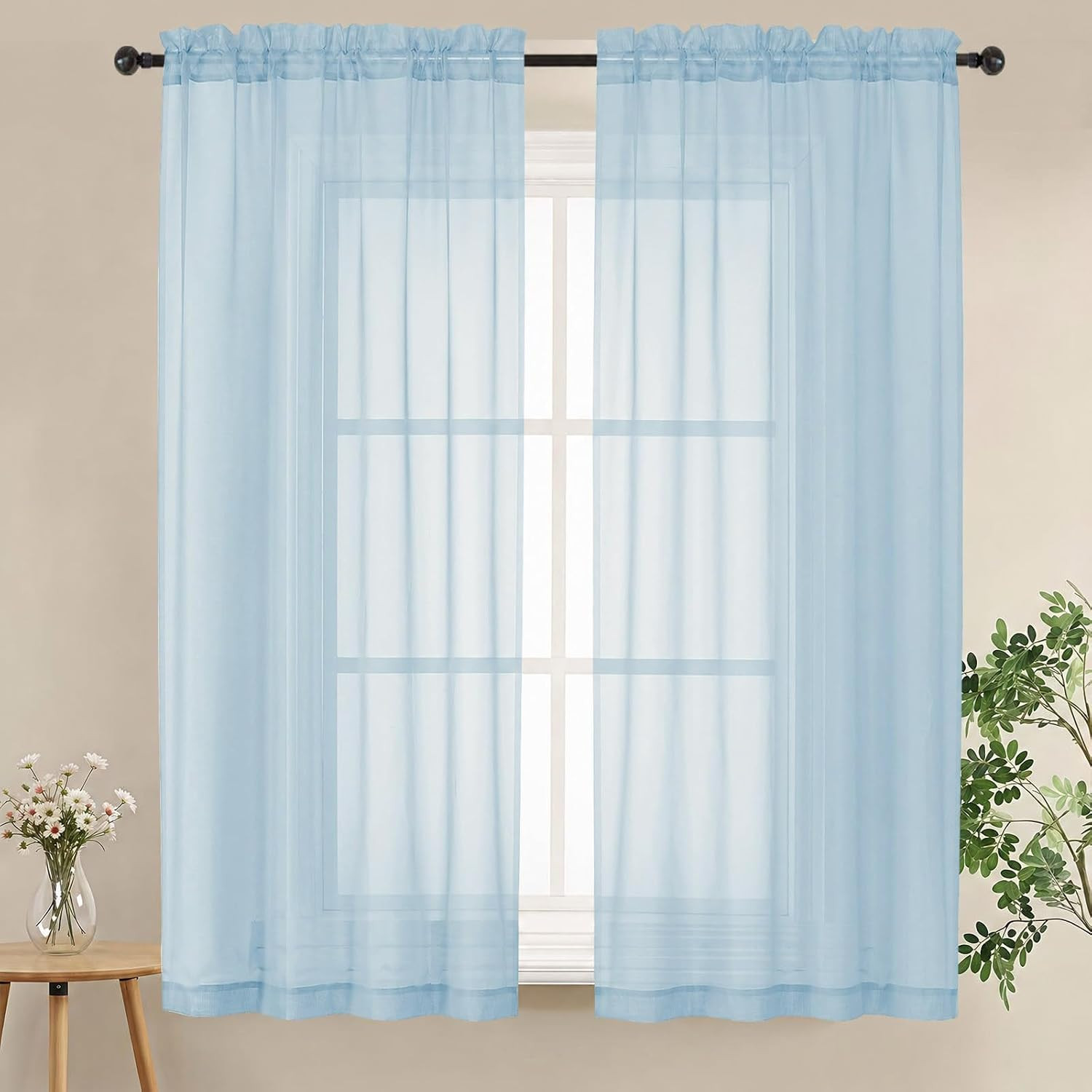 Sky Blue Sheer Curtains 63 Inch Length for Bedroom – Light Filtering Short Curta