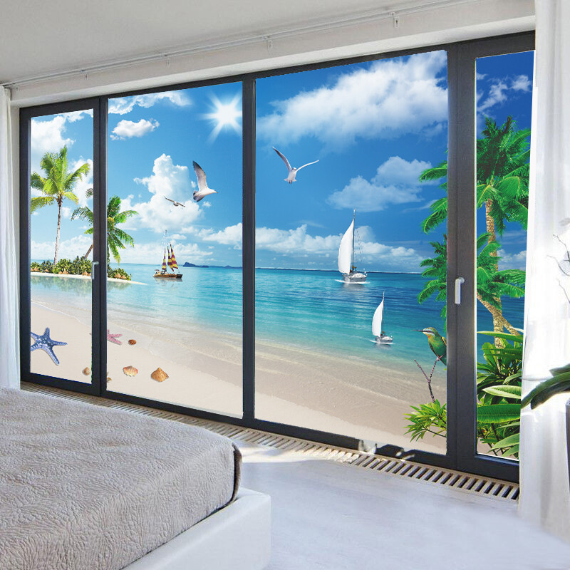 Privacy Windows Film Decoration Beautiful Beach Stained Glass Stickers Decors