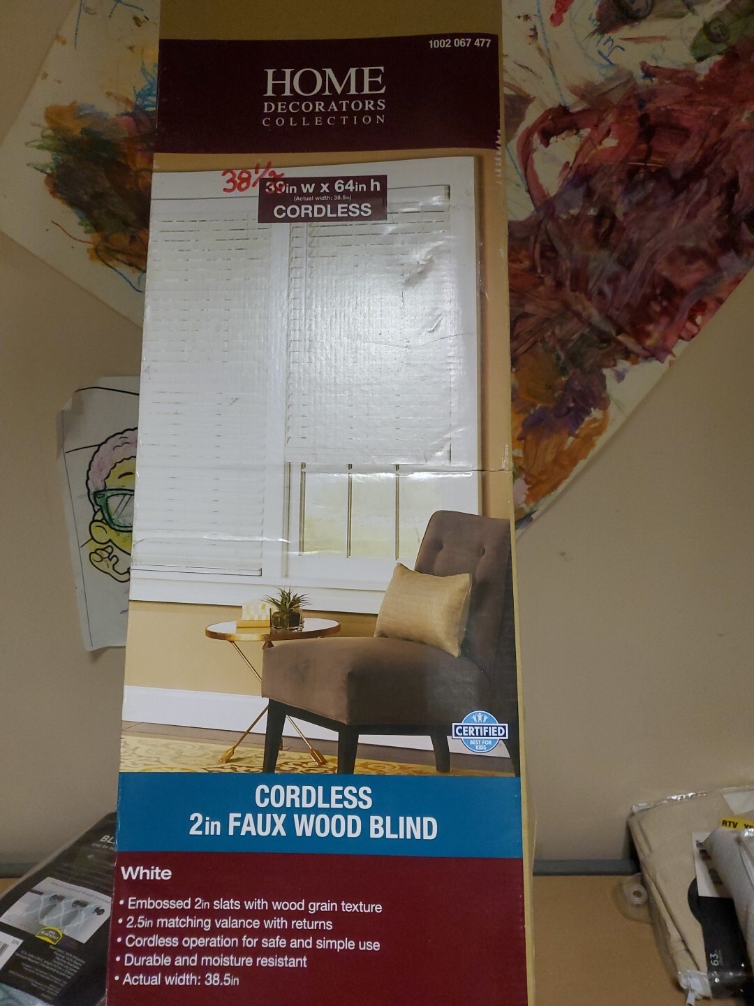 38 1/2″ X 64″ Home Decorators White Cordless 2″ Premium Faux Wood Blind Room Dar
