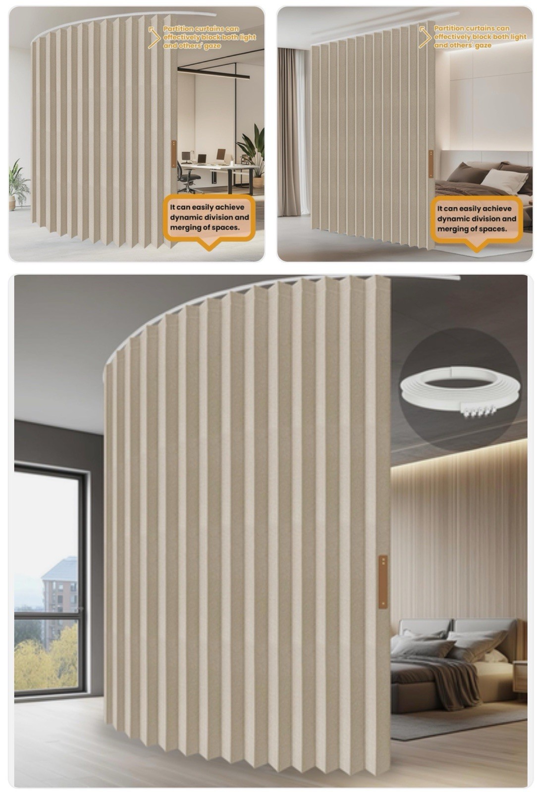 Ceiling Track Accordion Room Divider Curtain – Beige 100″ W X 84″ L