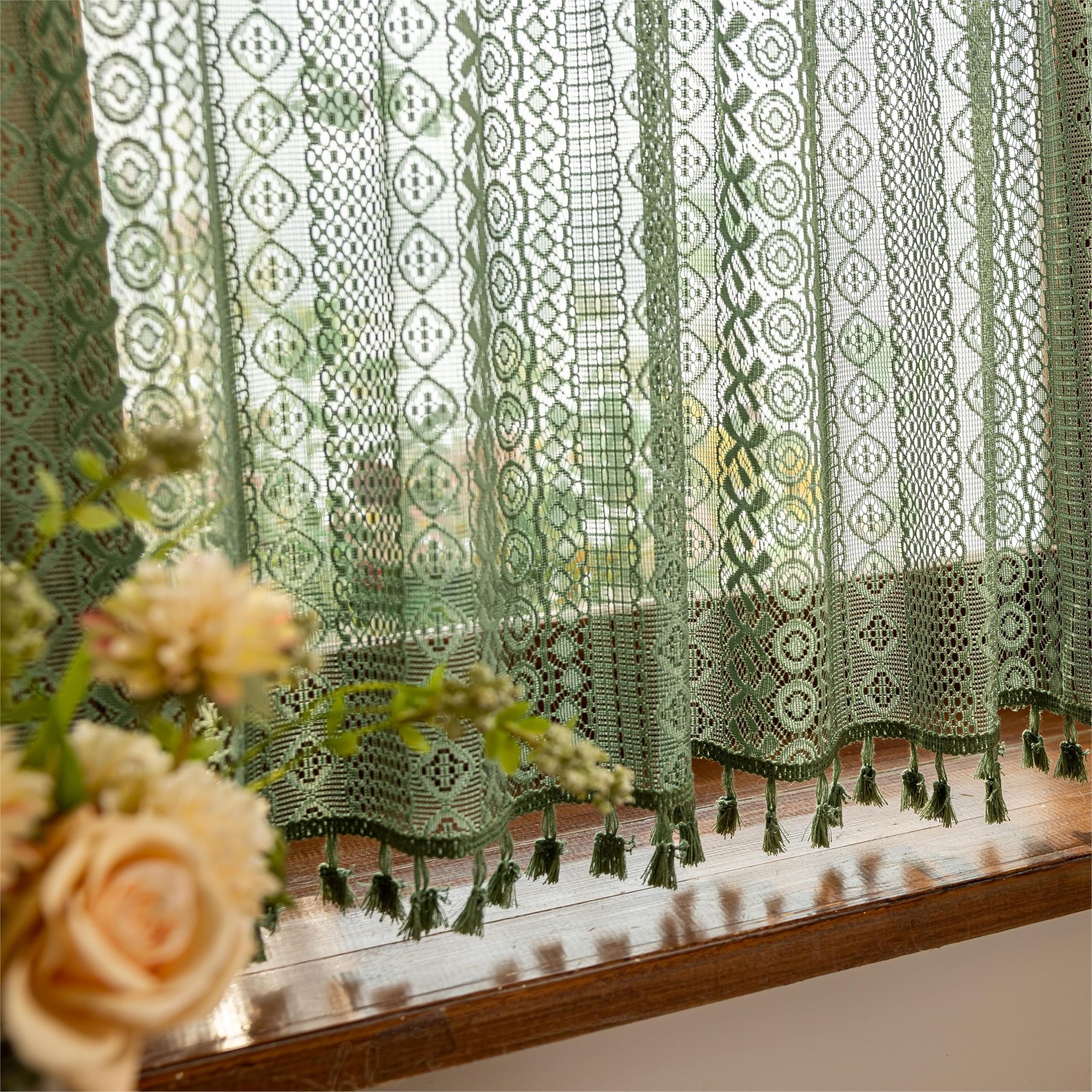 Olive Green Boho Window Curtains Valance 18 inches Long 2 Panels, Farmhouse L…