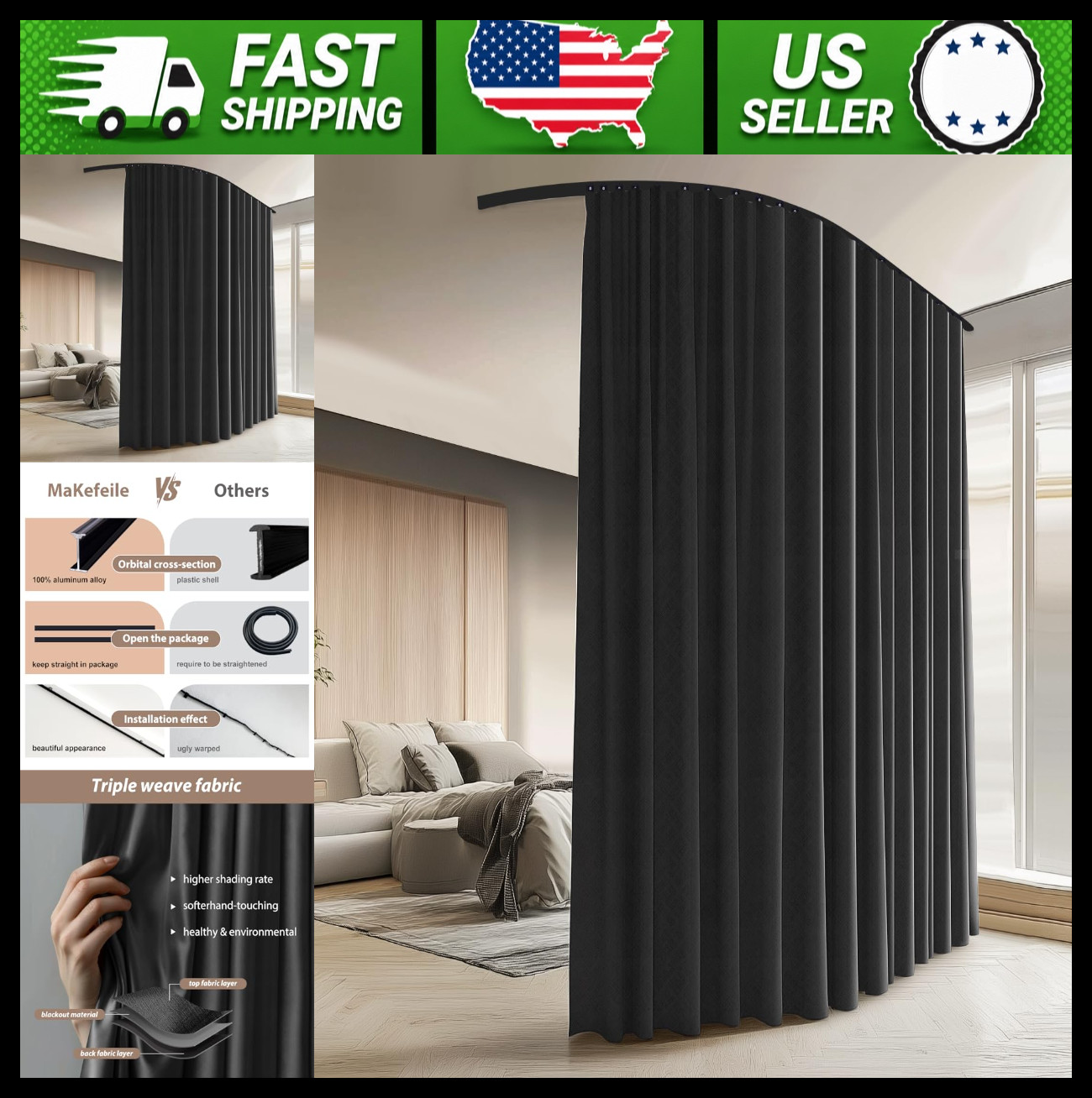 Blackout Room Divider Curtain with Ceiling Track 9 x 8 ft Black