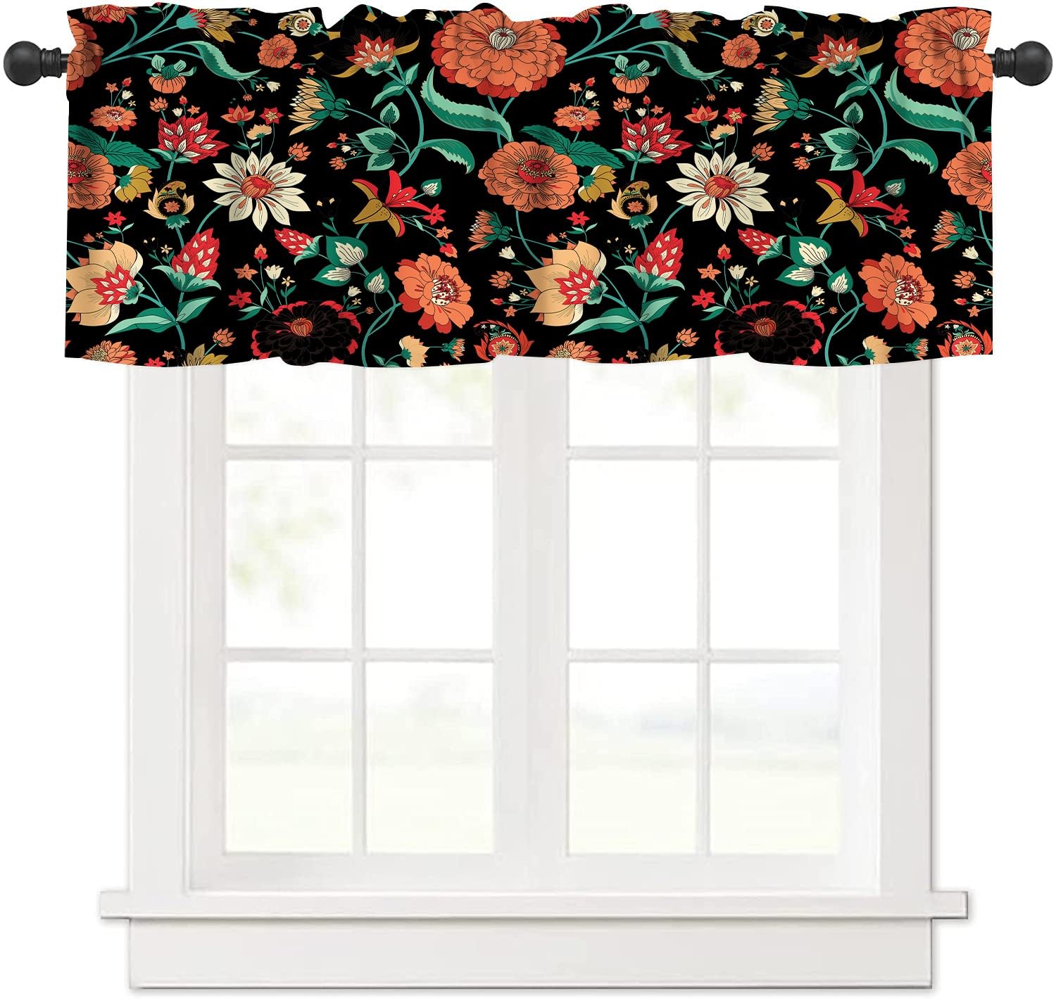 Boho Floral Valance Curtain for Kitchen Black Minimalist Rustic Hippy Mandala…