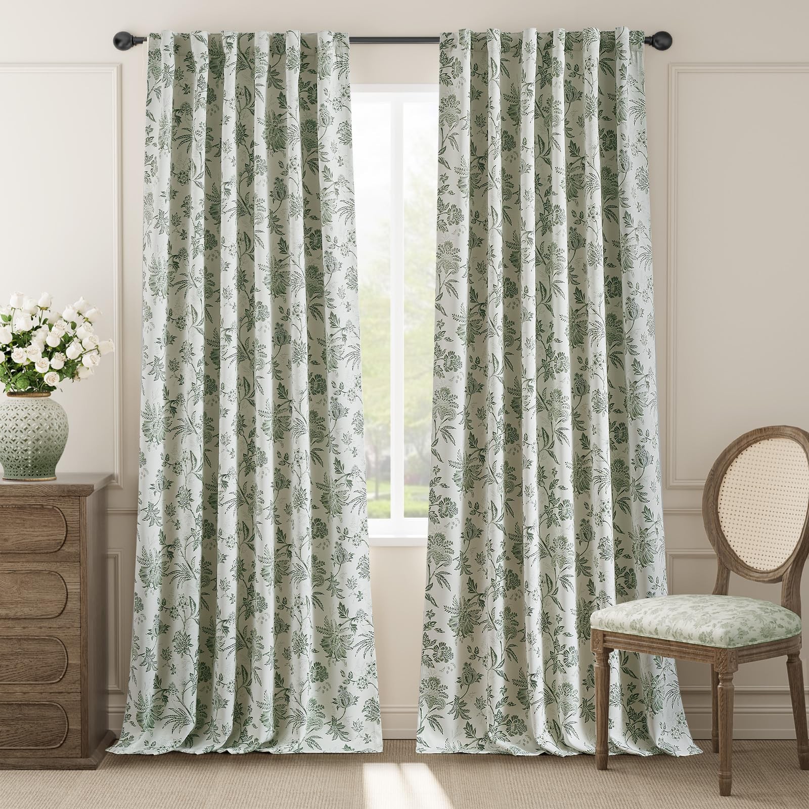 jinchan Blackout Floral 52″W x 96″L (Pack of 2), *Jacobean Green on Off White