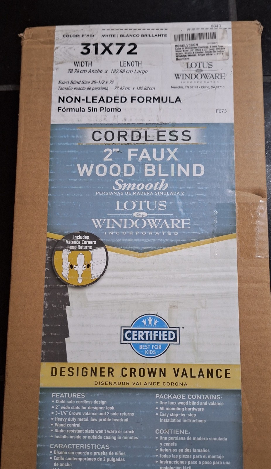 Lotus & Windoware 2-in Cordless Faux Wood Smooth Blind White 31in x 72in
