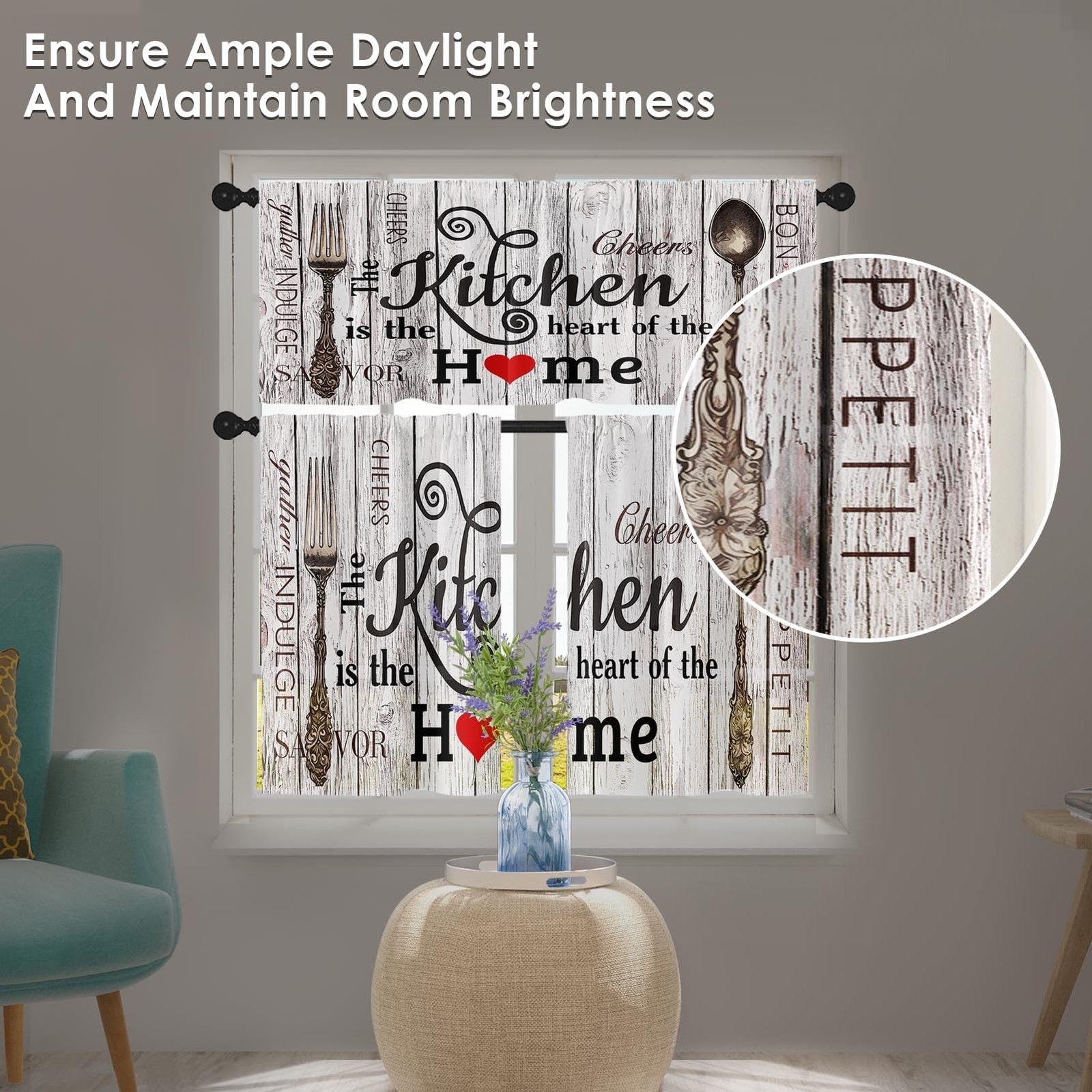 Farmhouse Rustic Kitchen Window Curtains Valance and Tier Set, Country Rod Po…