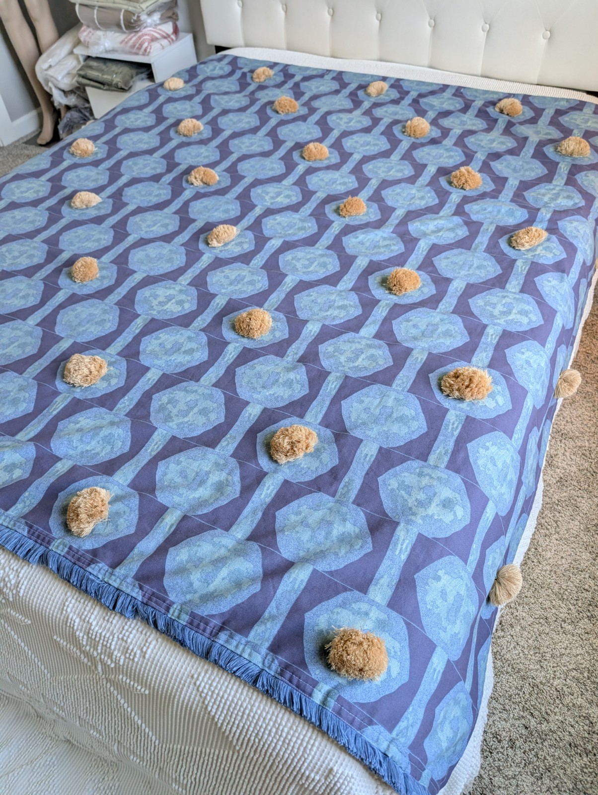Opalhouse Jungalow Blue Pompom Buttonhole Top Shower Curtain Size 72″X68
