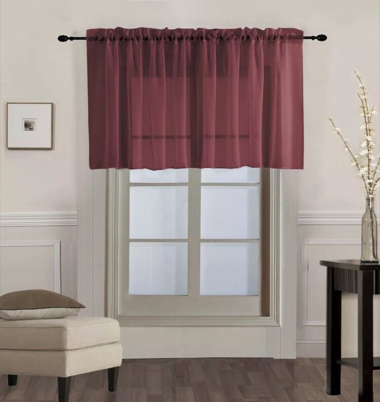 Burgundy Red Voile Sheer Window Valance Rod Pocket 55” wide x 18” long