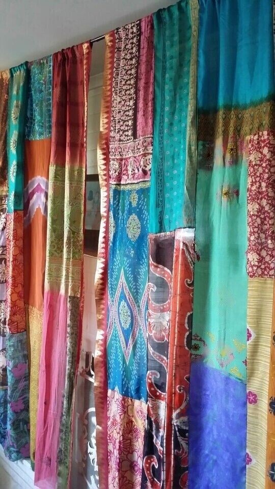 2Pc Indian Sari Patchwork Curtain Drape Window Decor Multi Silk Sari Curtain