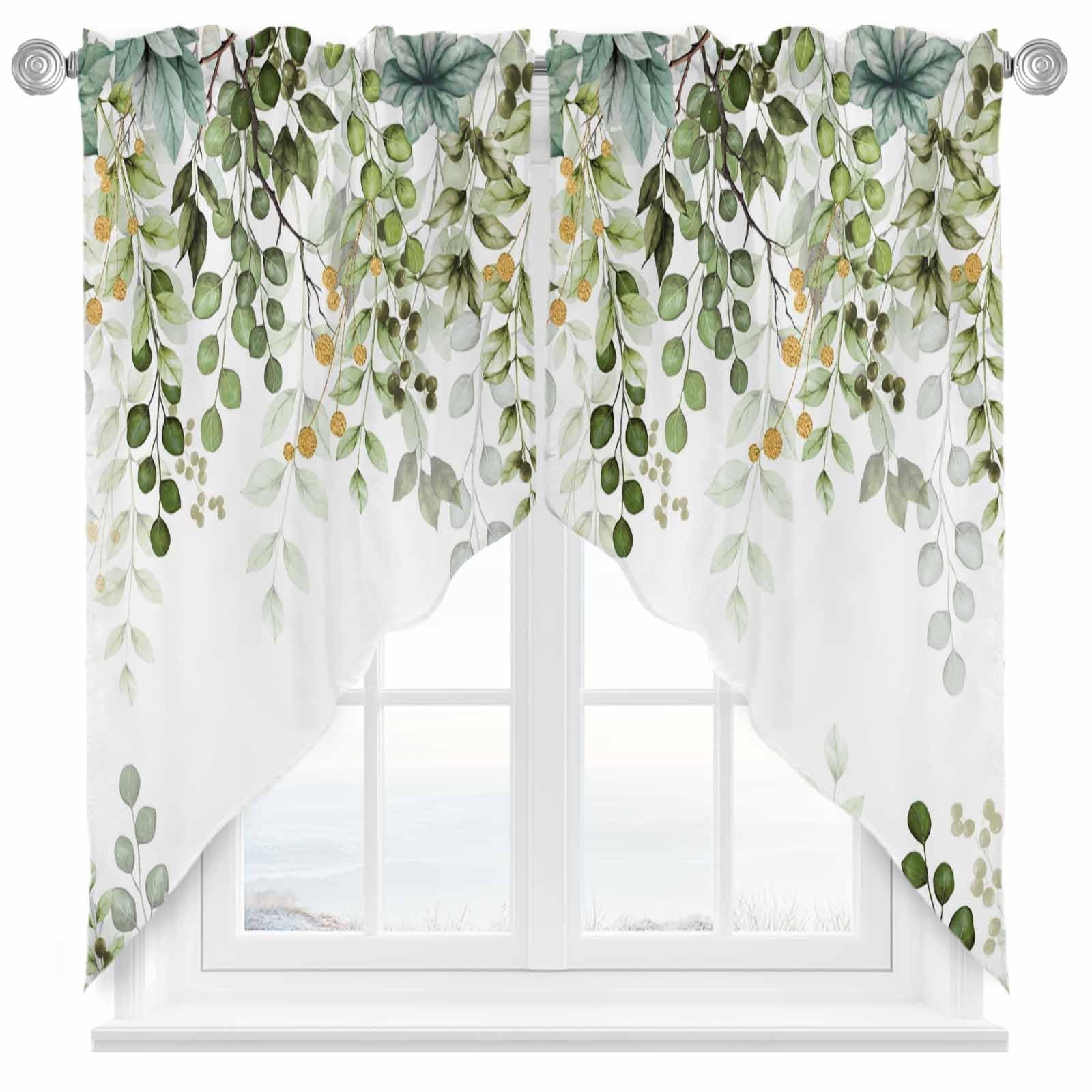 Sage Green Eucalyptus Swag Valance, Botanical Plants Rod Pocket Kitchen Valan…